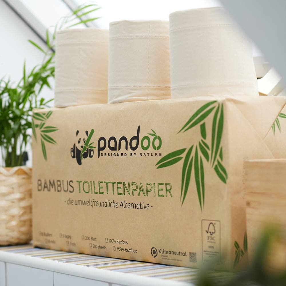 pandoo Papel higiénico 100% de bambú, sin madera, en embalaje sin plástico, papel higiénico de bambú, 3 capas y suave, 12 x 8 rollos de 200 hojas (96 rollos)