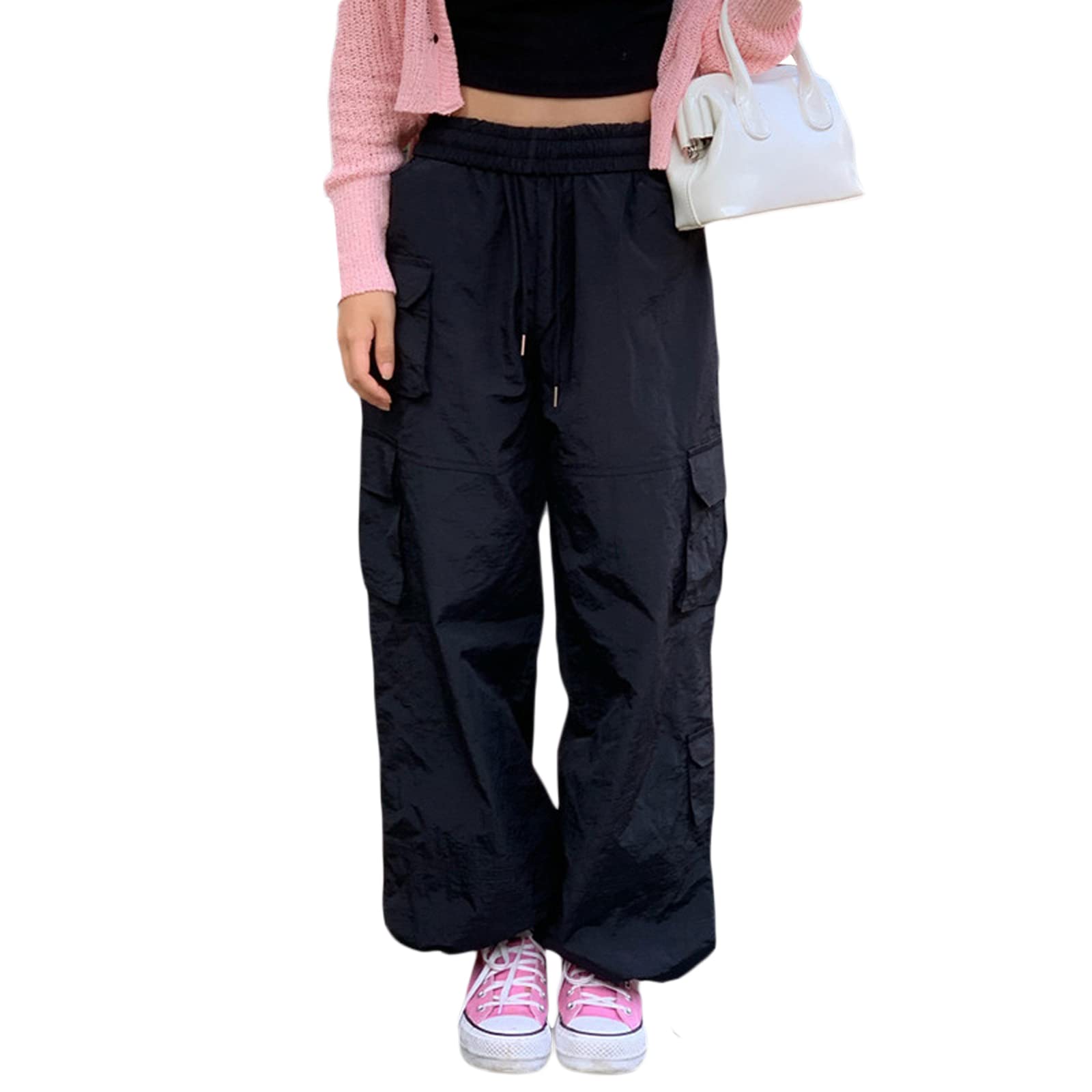 Womens Cargo Trousers Asymmetric Pocket Drawstring Elastic Waist Loose Long Pants Spring Summer Casual Pants Black S