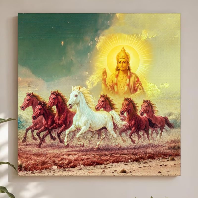 Image of PAINTINGMANRA Shurya Dev 7 Running Horses Canvas Wall Art Painting For Living Room Seven Horse Vastu Feng Shui Canvas Painting Positive Energy Wall Art For Home, Office, 22x22 Inch