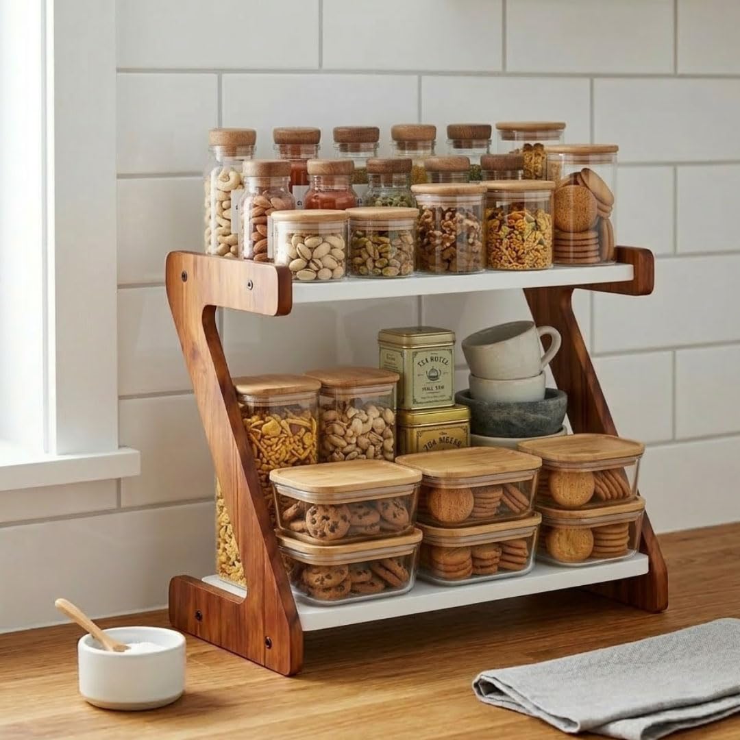 Kitchen Organizer Rack – Multi-Purpose Kitchen Stand for Countertop & Cabinet Storage | Heavy-Duty Kitchen Rack Organizer for Spices, Utensils, Dishes & Pantry Items (2 Tier Z shape Rack)-image-0