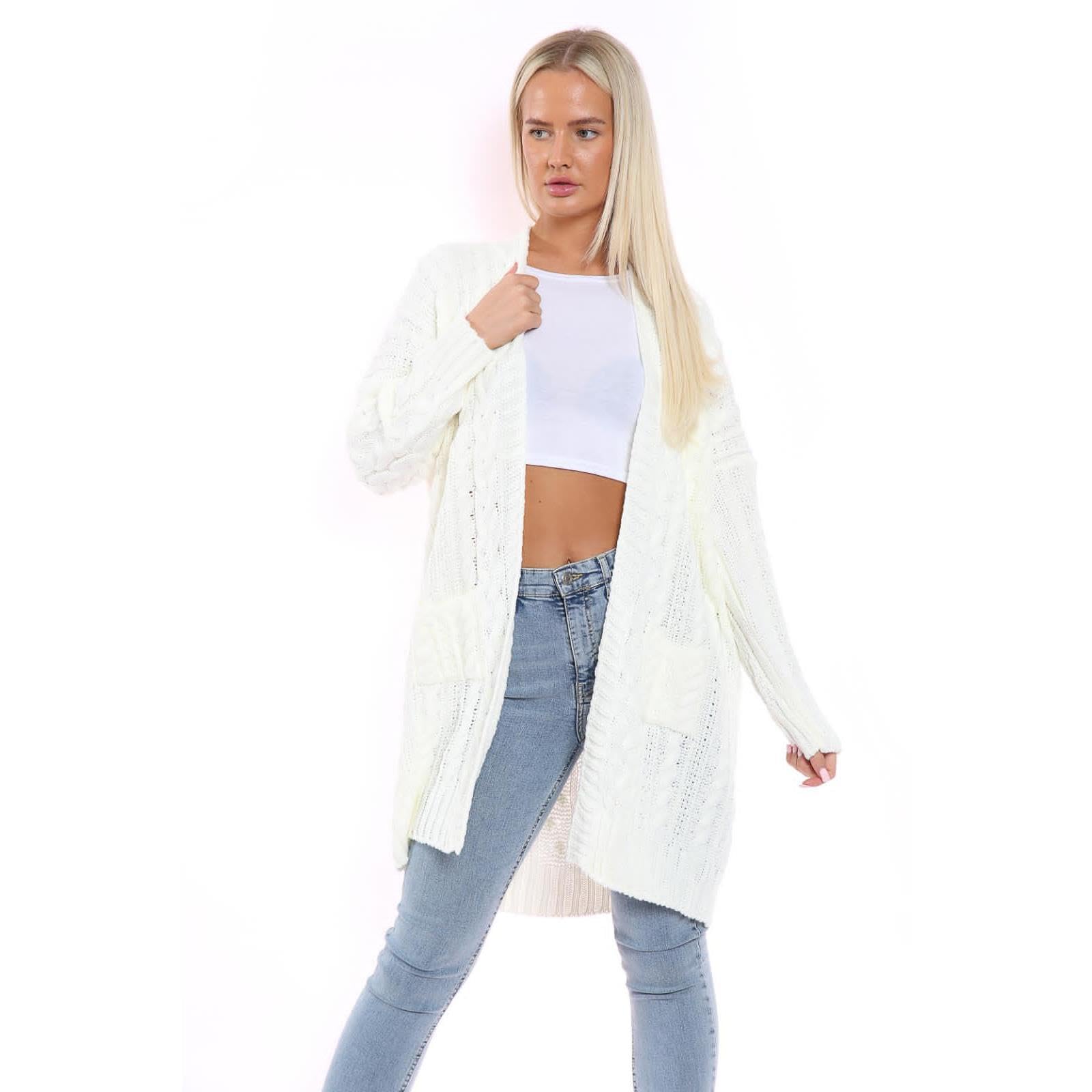 Janisramone Women's Cream Janisramone® Chunky Cardigans, Baggy Oversized Cable Knitted Cape Cardigan, Warm Longline Cardigans For Uk Open Front Long Cardigan With Pockets, Winter Outwear
