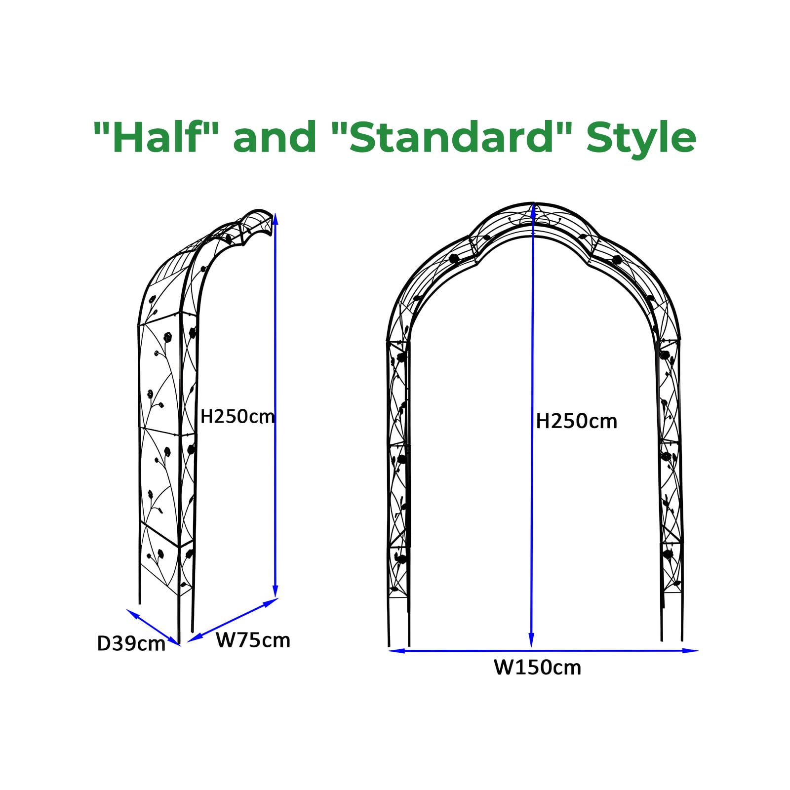 Rosenbogen aus Metall, Stabiler Gartenbogen mit verstärkten Stahlrohren, rostfrei – 250x150x39 cm – Ideal als Rankhilfe für Kletterpflanzen, Schwarz