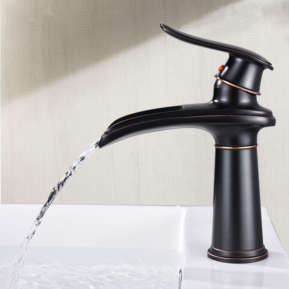 Rubinetto Lavabo Cascata Rubinetto Bagno, Anticato Vintage Stile Ottone Monocomando Miscelatore Bagno, Miscelatore Lavabo, Nero