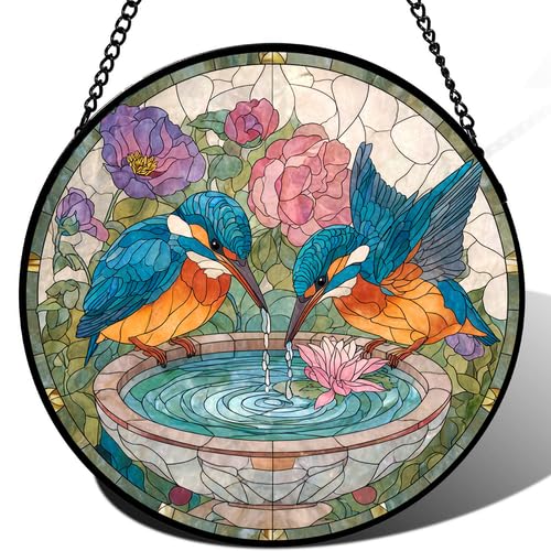 Horienteeon Stained Glass Suncatcher with Metal Frame and Chain, Blue Kingfisher Birds Fountain Scene Window Hanging Ornament, Round Countryside Cottage Decor, 20x20cm