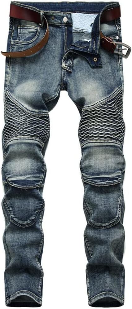 Denim Straight Motorcycle Jeans for Men's Size Autumn Spring Punk Rock Streetwear Riding Knee Guard Pants