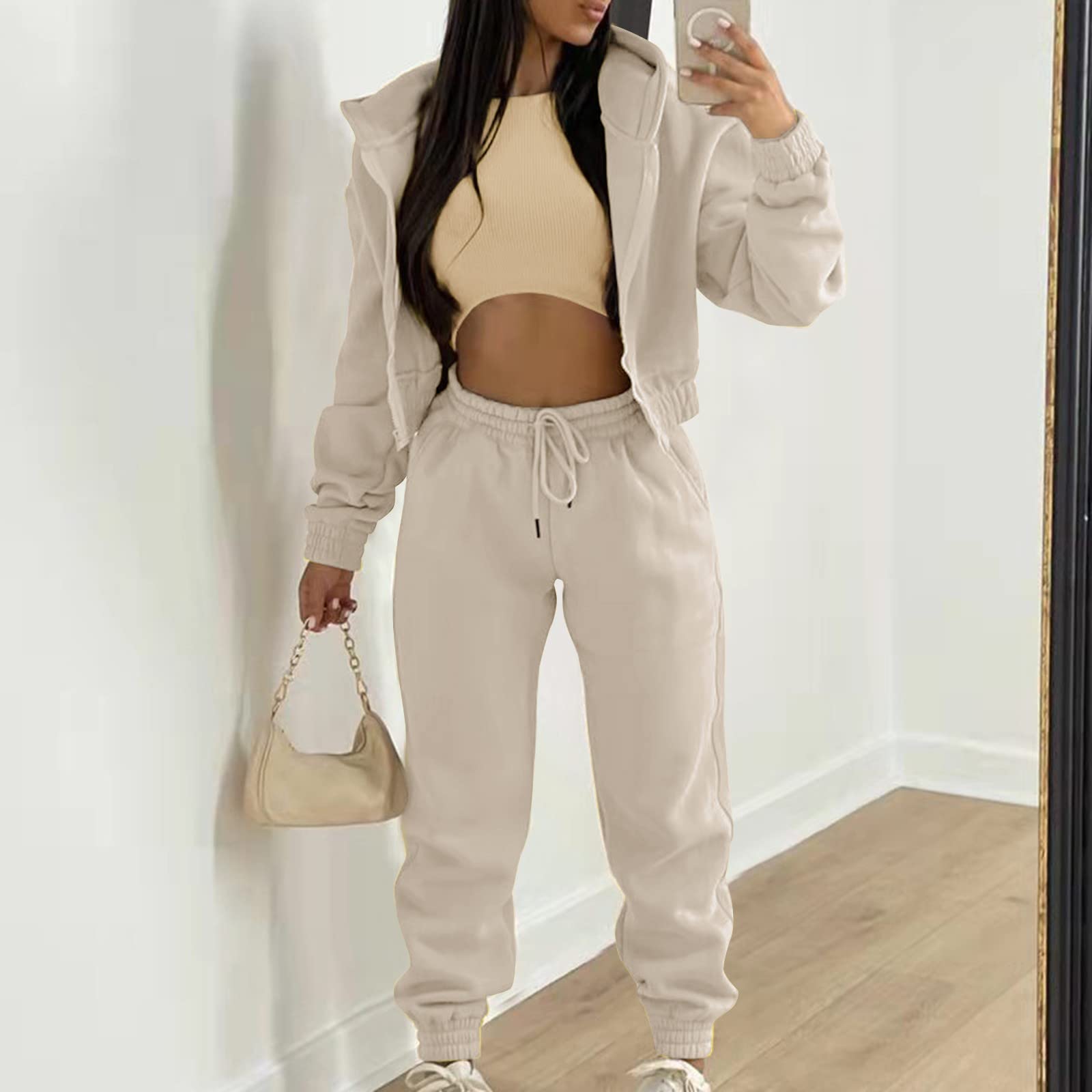 Generisch Damski dres treningowy na zimę, top, kamizelka, spodnie, zestaw modny, jednokolorowy, zamek błyskawiczny, bluza z kapturem, spodnie, zestaw trójczęściowy