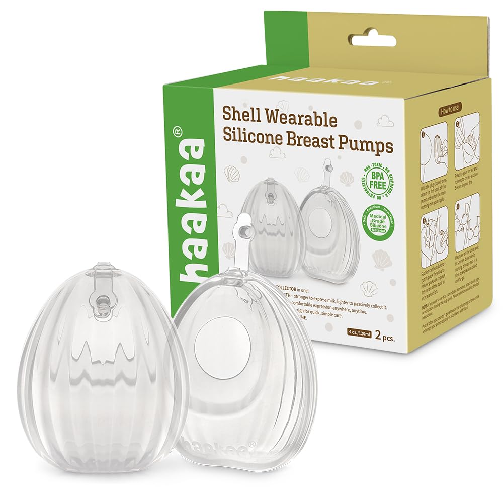 HAAKAA Shell Wearable Hands-Free Manual Breast Pump/Milk Collector – Medical-Grade Silicone – Compact, Portable & Discreet – Leak-Proof Valve 4 oz 2PK