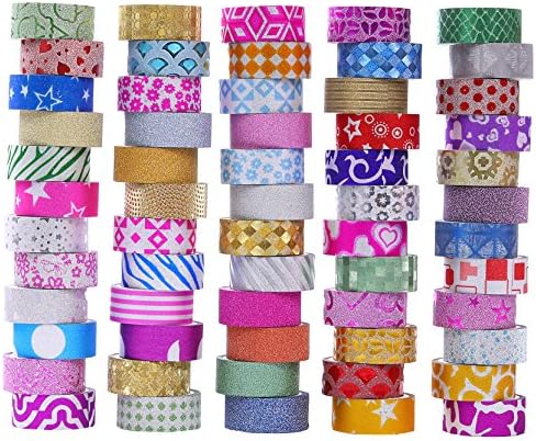 MPOPUUL 60 Rolls Glitter Washi Tape Set, Washi Masking Decorative Tapes for Christmas DIY Decor Planners Scrapbooking Adhesive School/Party Supplies