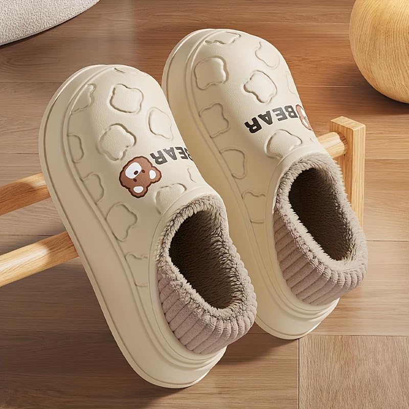 Cozy Cartoon Bear Plush-Lined Slippers for Women - Waterproof, Fashionable Indoor Home Shoes with Soft EVA Sole3