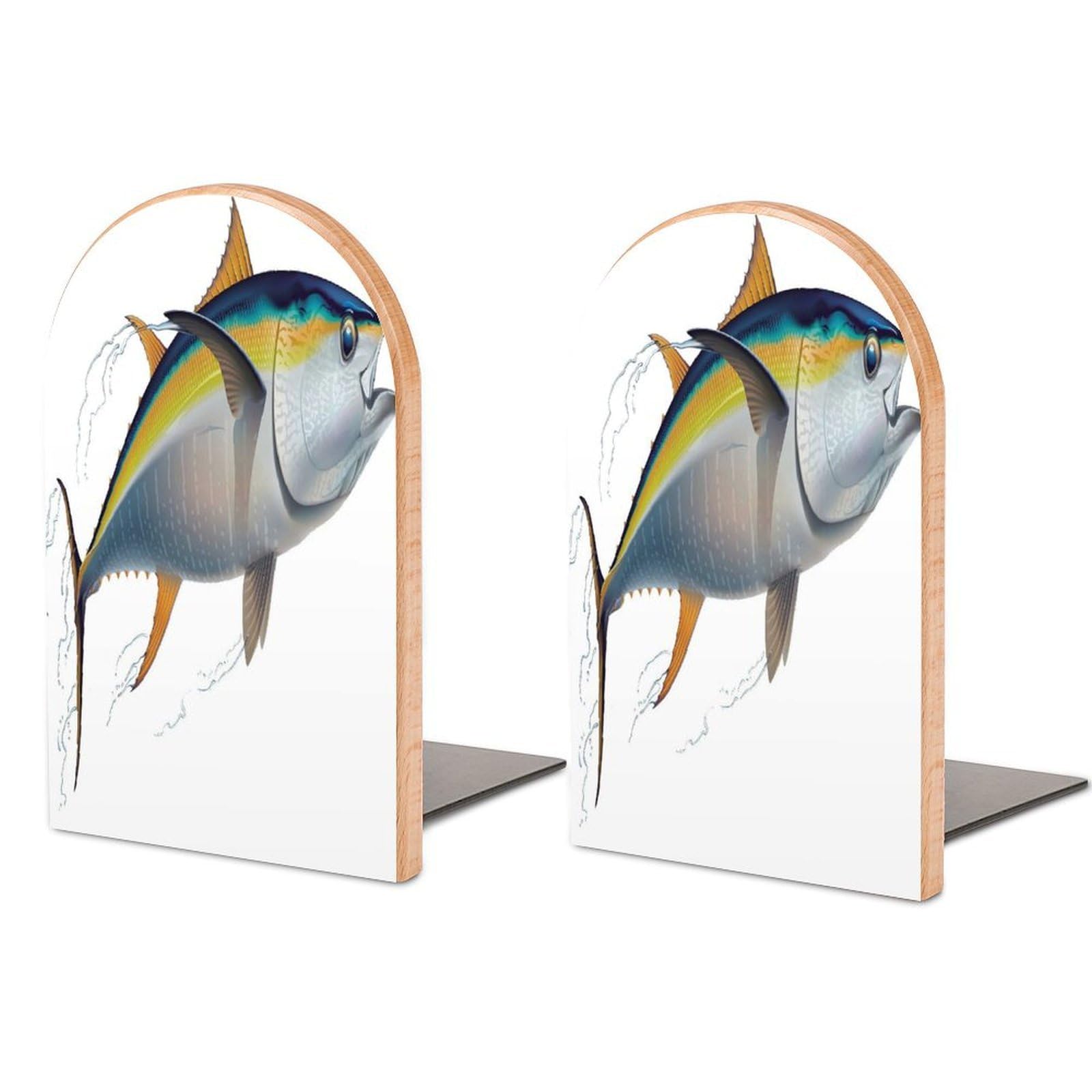Yellowfin Tuna in Fast Motion Realistic Beech Wood Bookends Heavy Duty Book Organizers Desktop File Holder for Office Home Bookshelf