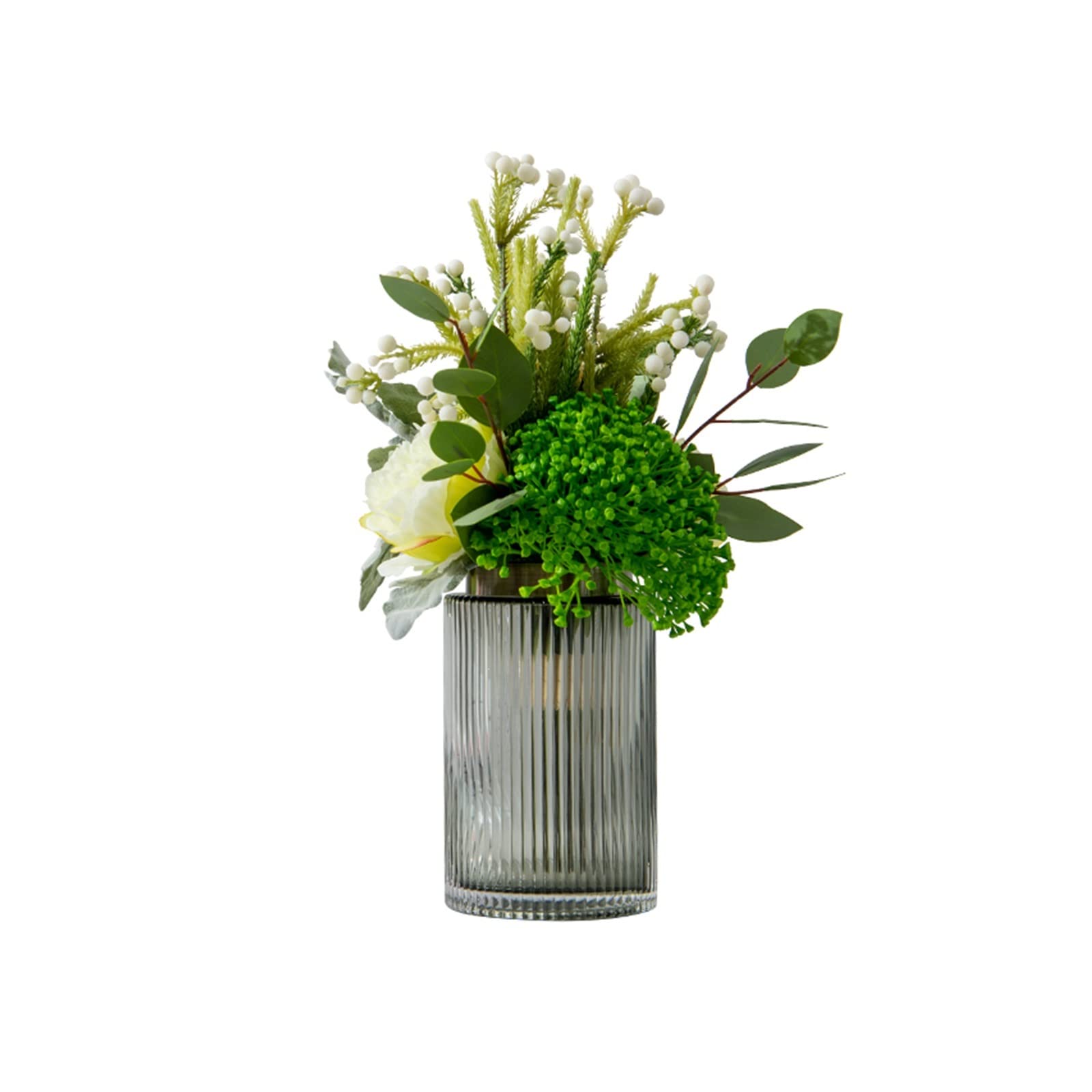 Fleurs artificielles dans un vase avec bouquet de verdure et arrangement floral