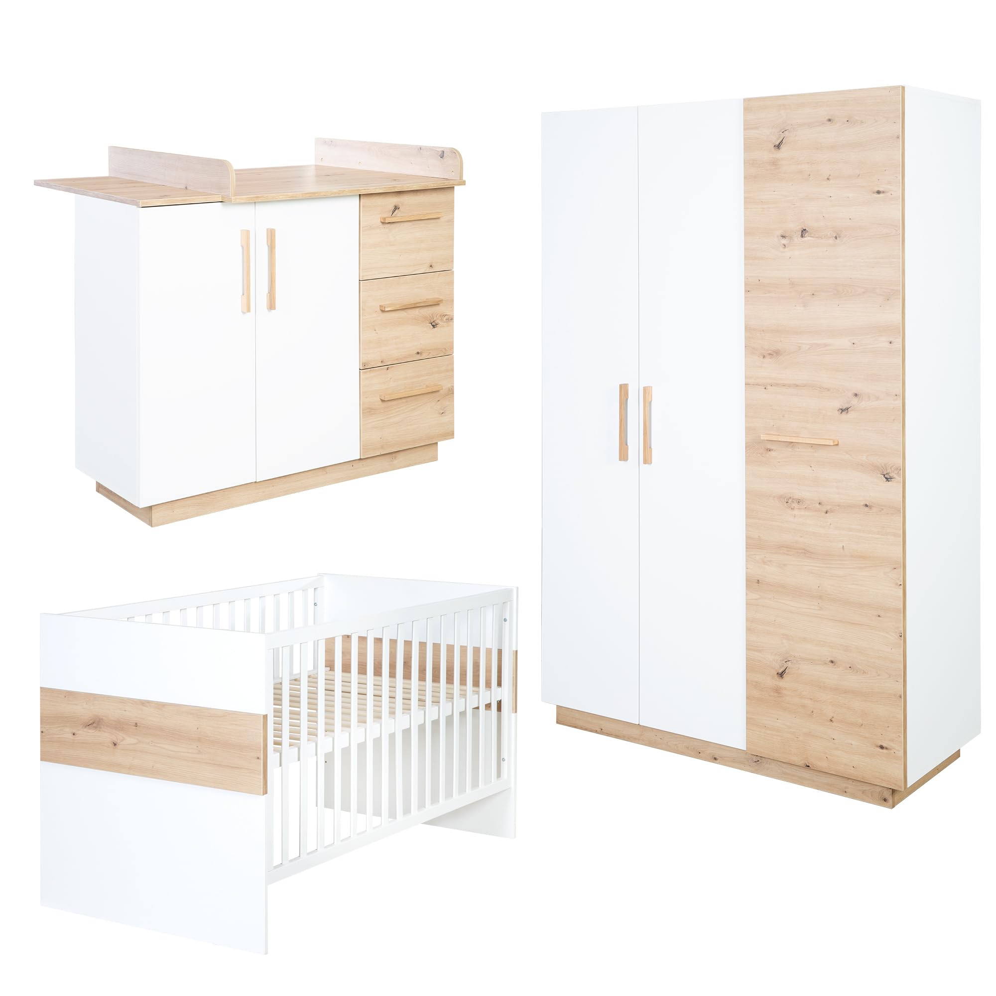 roba Kinderzimmerset Lion 3-teilig – Kombi-Kinderbett 70x140 cm, Wickelkommode, 3-türiger Kleiderschrank