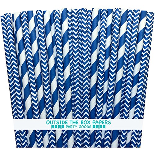 Outside the Box Papers Navy Blue Stripe and Chevron Paper Straws 7.75 Inches 100 Pack Navy Blue, White