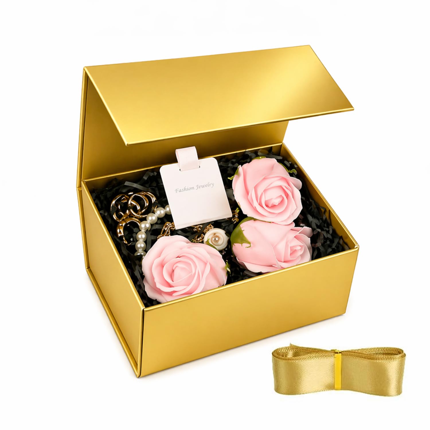 Aakriti Luxury Mini Magnetic Gift Box with Satin Ribbon Closure – Glossy Gold Rigid Storage Box (14 x 11 x 6.5 cm) for Jewelry, Hampers, Weddings & Festive Gifting (1 Piece)-image-45