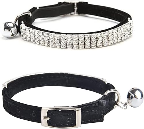 Miniatura 10 de Collar ajustable seguro para gatos CHUKCHI de terciopelo suave Adorno ostentoso de diamante con campanas de 11pulgadas para perros pequeños y gatos,