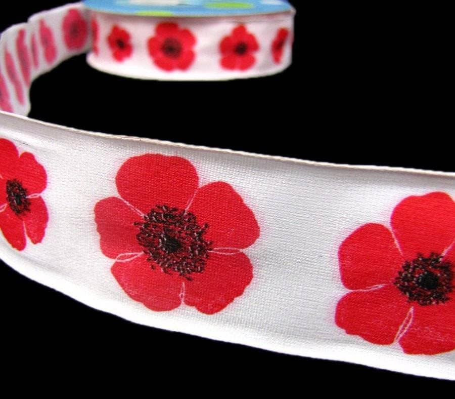 5 Yards Red Black Poppies Poppy Flower White Wired Ribbon 1 1/2" W