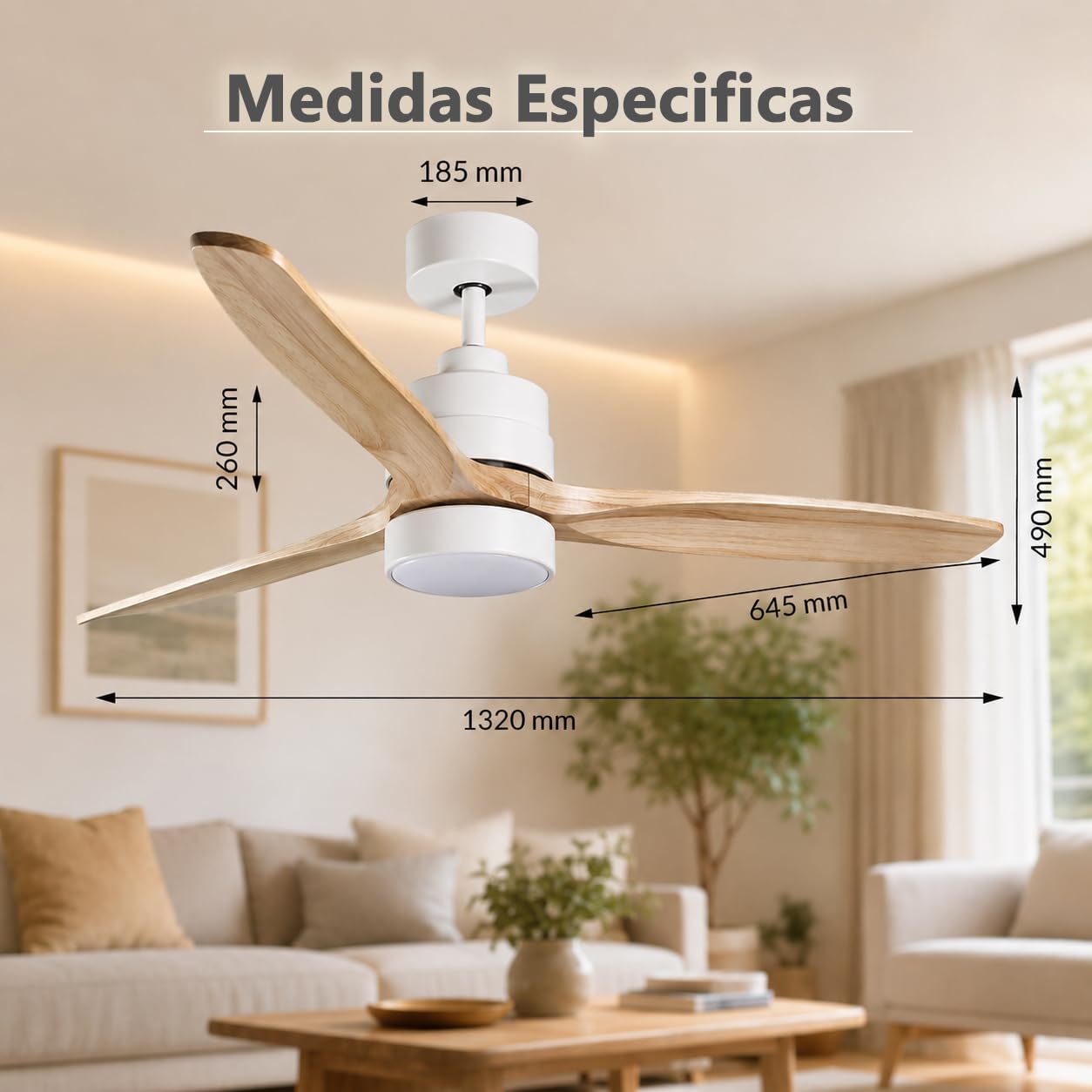 IluminaShop - Ventilador de Techo Led Wing-flat, con mando a distancia, motor DC 50W+Luz Led 18W, 6 velocidades, Silencioso,3 Aspas efecto madera, 132 cm, función verano-invierno, temporizador