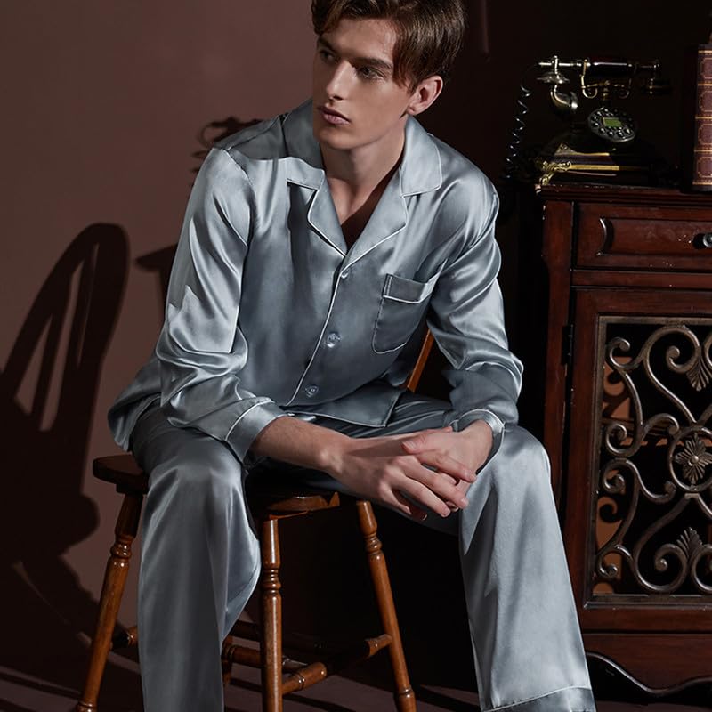 Ginell Tranquility Series Men's Silk Pajamas Set 100% Mulberry Silk Solid Colors Button Front 2 Piece Silk PJ Set4