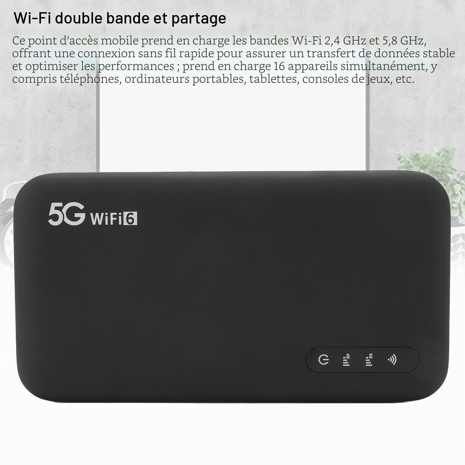 Routeur Portable 5G Mobile Hotspot WiFi 6, 5G avec Emplacement pour Carte SIM, Support 16 Appareils 6100mAh Batterie, Appareils Internet Portables pour Les voyageant et
