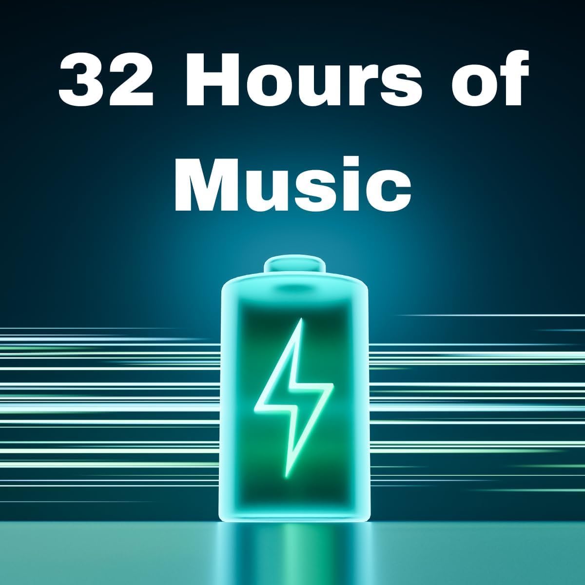 Graphic indicating 32 hours of music playback with a battery icon