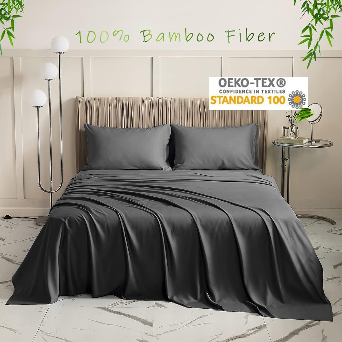 LBRO2M 100% Bamboo Bed Sheet Queen Size 4 Piece Set,Cooling 1800 Thread Count Sheet,16 Inches Deep Pocket,Bedding Super Soft Silky Smooth,Comfortable,Cool,Dark Grey : Home & Kitchen