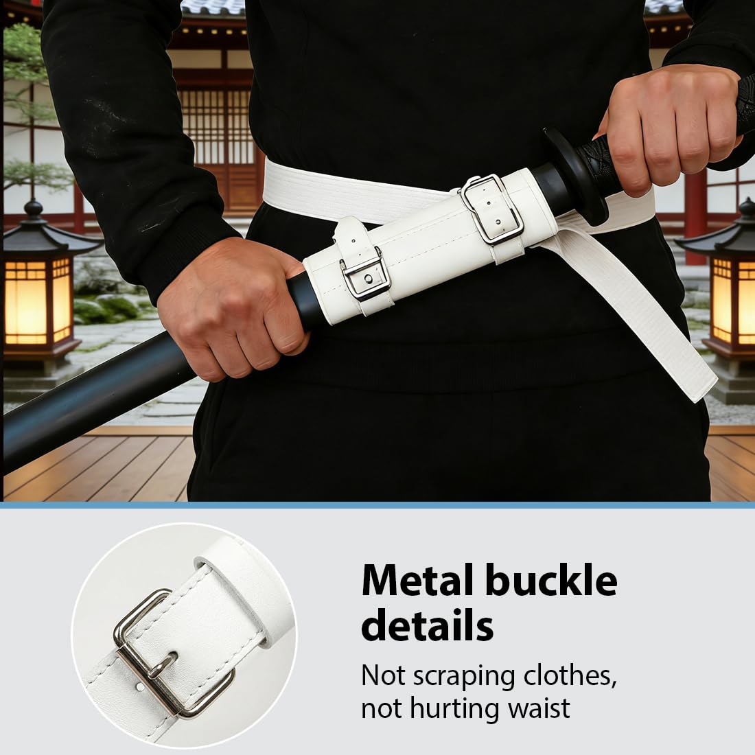 1 Unidad Soporte para Espada samurái con Correa de Cuero – Resistente para un Transporte cómodo – Accesorio Fans de Cosplay y samuráis (Blanco)