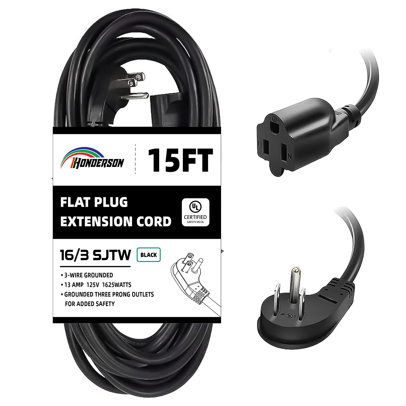 HONDERSON 15 Ft Black Flat Plug Indoor Extension Cord