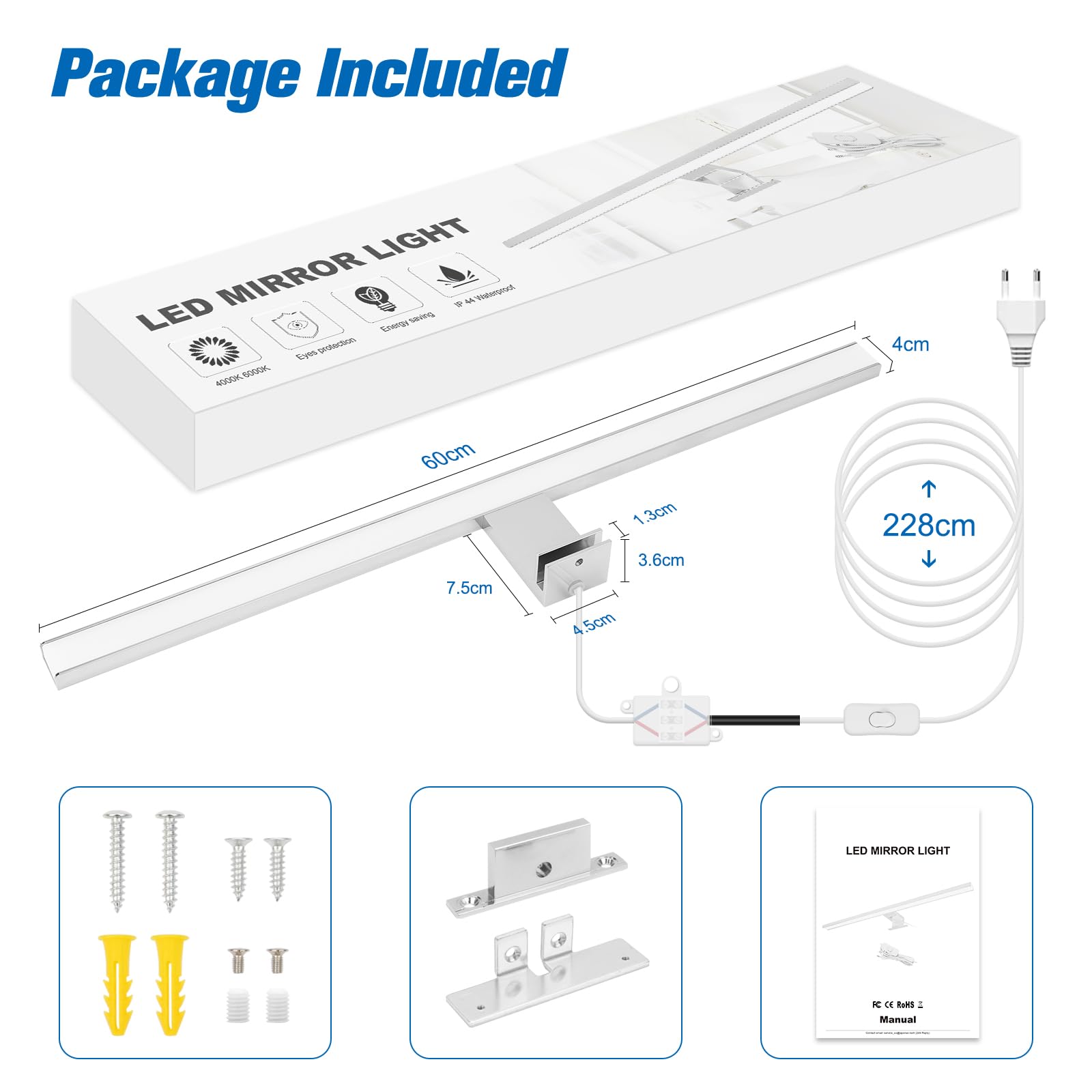 NIORSUN Spiegelleuchte Bad LED 15W 60cm 4000K 6000K 1500LM IP44 Wasserdicht Badezimmer Lampe