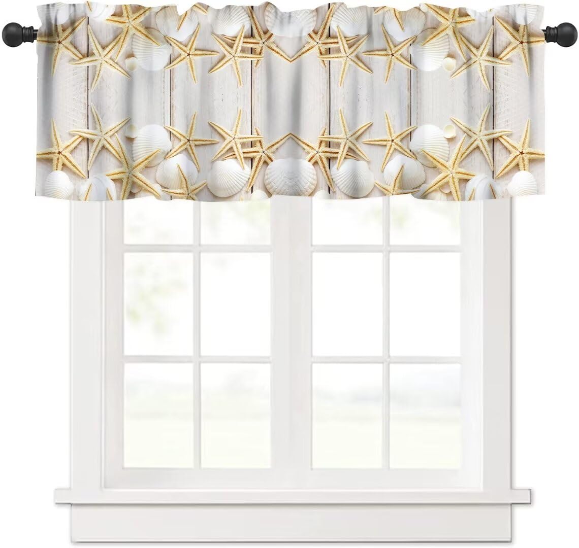 Vintage Summer Beach Window Valance Curtain, Rustic Wooden Board Starfish Seashell Sealife Theme Window Treatment Valances for Kitchen Living Room Café Décor 54'x18', 1 Panel