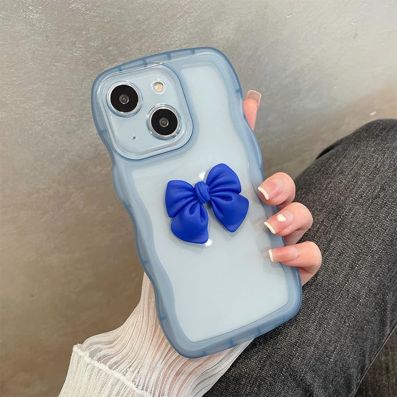Image of ZR015 for iPhone 13 Back Case Cover | Wave Edge Bow Slim Fit | Camera Protection | Shockproof TPU Case - Blue