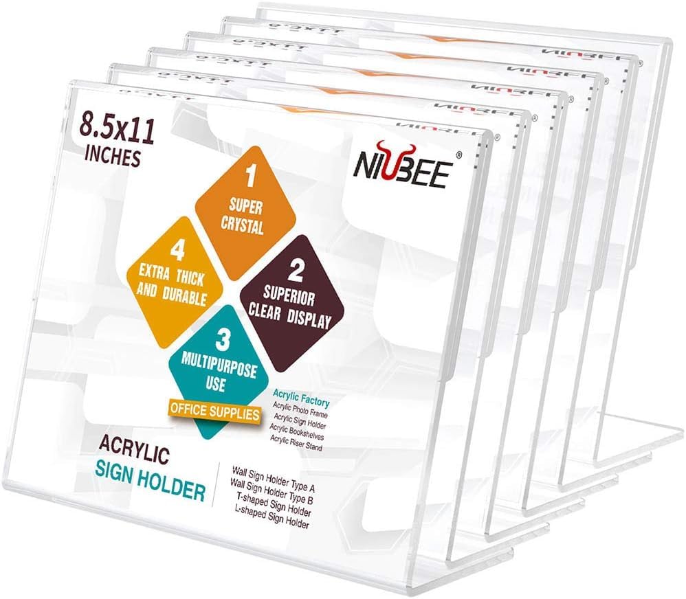 NIUBEE Acrylic Sign Holder 8.5x11 Inches 6 Pack Horizontal, Slant Back Clear Frames, Plastic Paper Flyer Display Holder, Document Menu Table Stand for