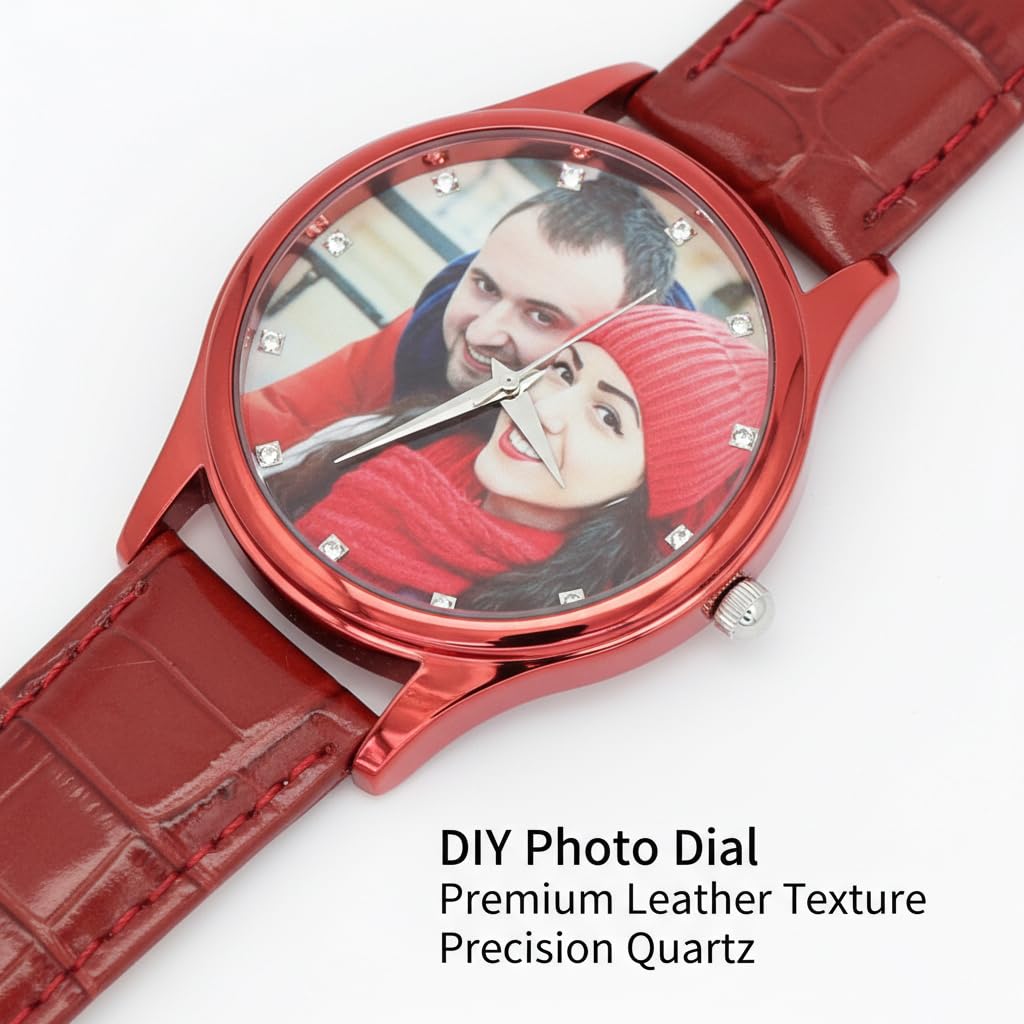 Reloj de pulsera con foto personalizado, hecho de material de aleación y correa de cuero. Tiene función impermeable. Adecuado como regalo para tu novio o padre.