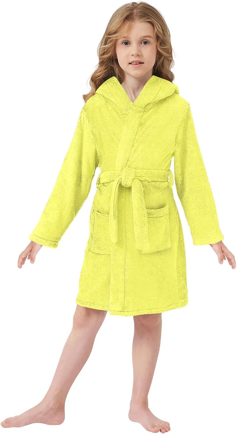 ODAWA Moon Yellow Kids Bathrobe, Super Soft Plush Hooded Towel Robe for Boys Girls, Quick Dry Swimming Bath Wrap