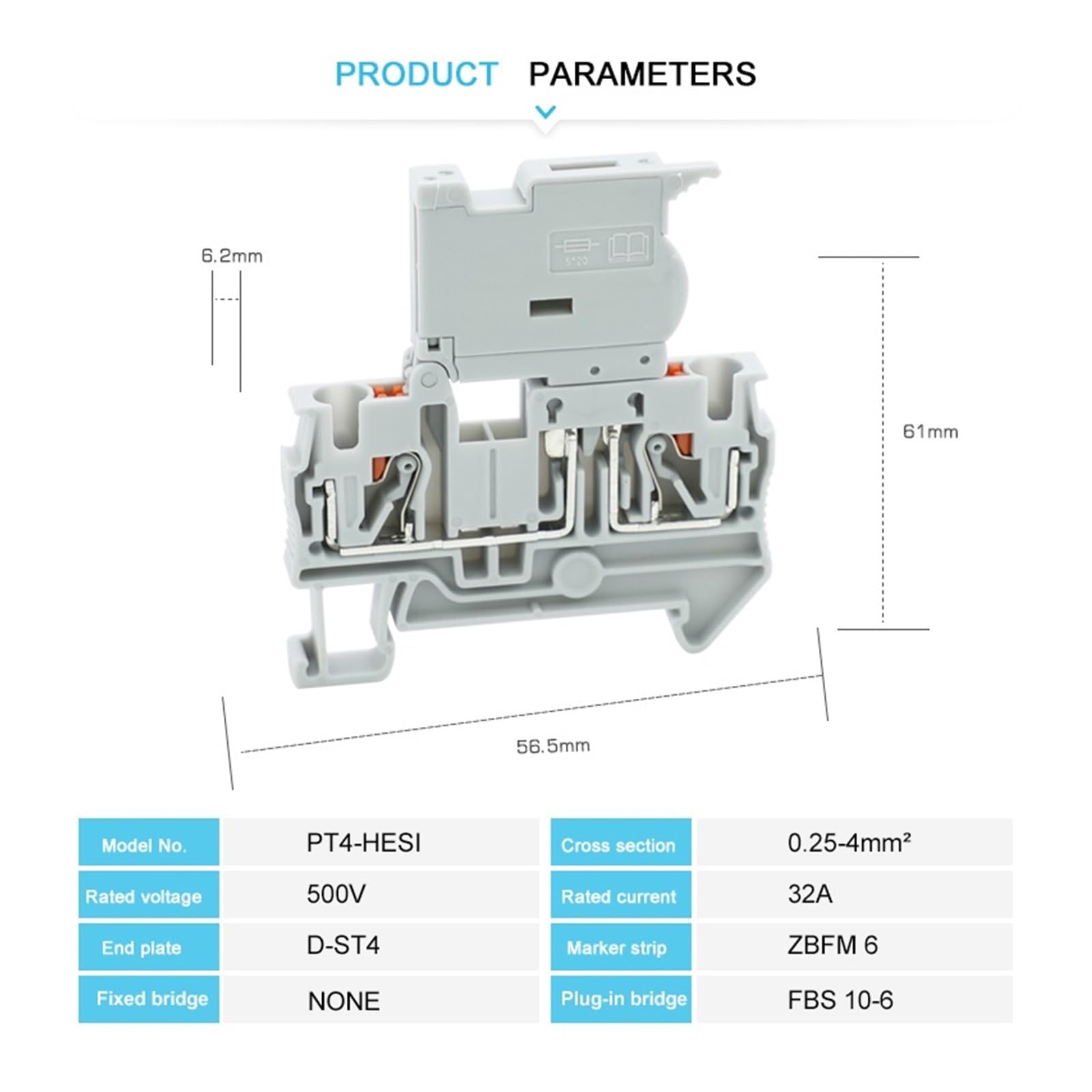 10 pièces PT4-HESI porte-fusible bornier enfichable 5 * 20mm 0,5a-10A 24V/220V LED connecteur de Rail Din 4mm2 PT4(Black-without LED,With 0.5A Fuse)