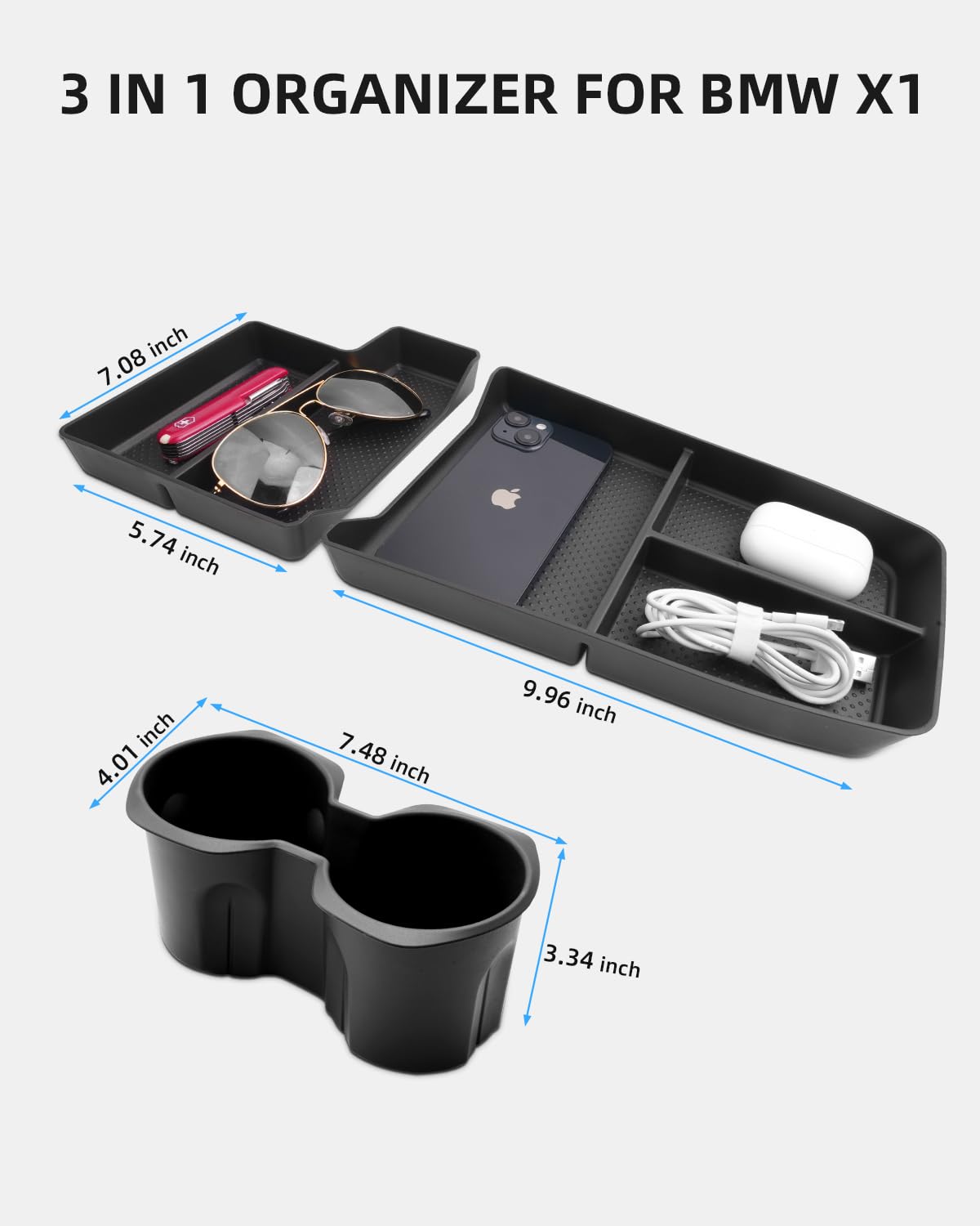 Scatole Portaoggetti Console Centrale per BMW X1 2023-2026, Organizzatore Portabicchieri per BMW iX1, Accessori BMW X2 iX2, 3 Pezzi Nero