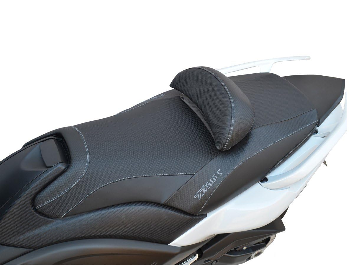 Funda de Asiento Compatible con Yamaha T-MAX 500 2008-2011/530 2012-2016 Negra con Costuras Grises (F)