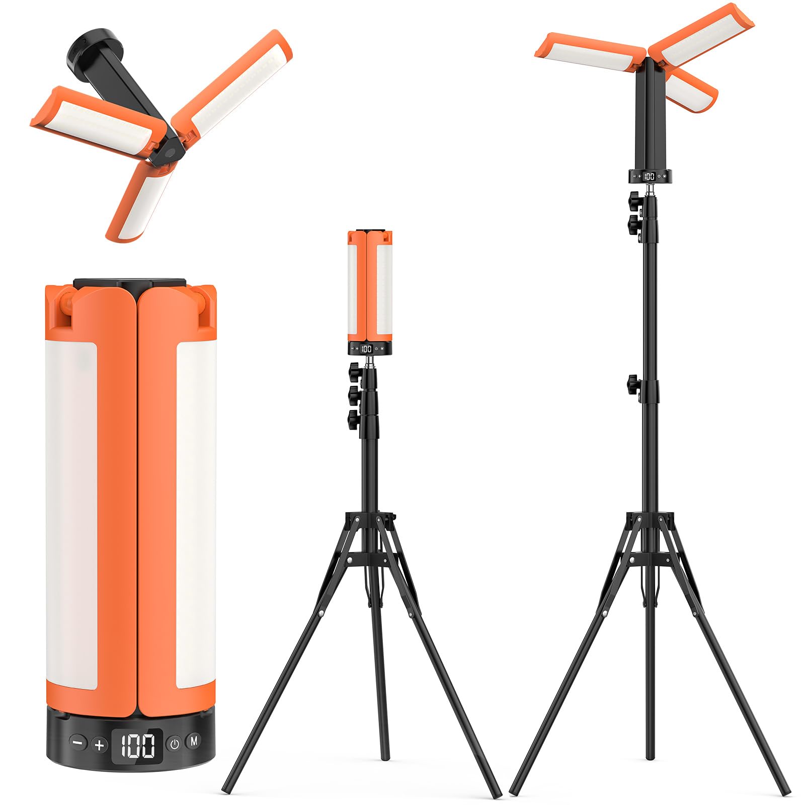 Lámpara de Camping Recargable con Trípode, 12000 mAh, 3 Colores de Luz, Trabajo LED Regulable de 6000 lm con Gancho Magnético y SOS, IP65, Adecuada para Talleres, Obras de Construcción y Emergencias.