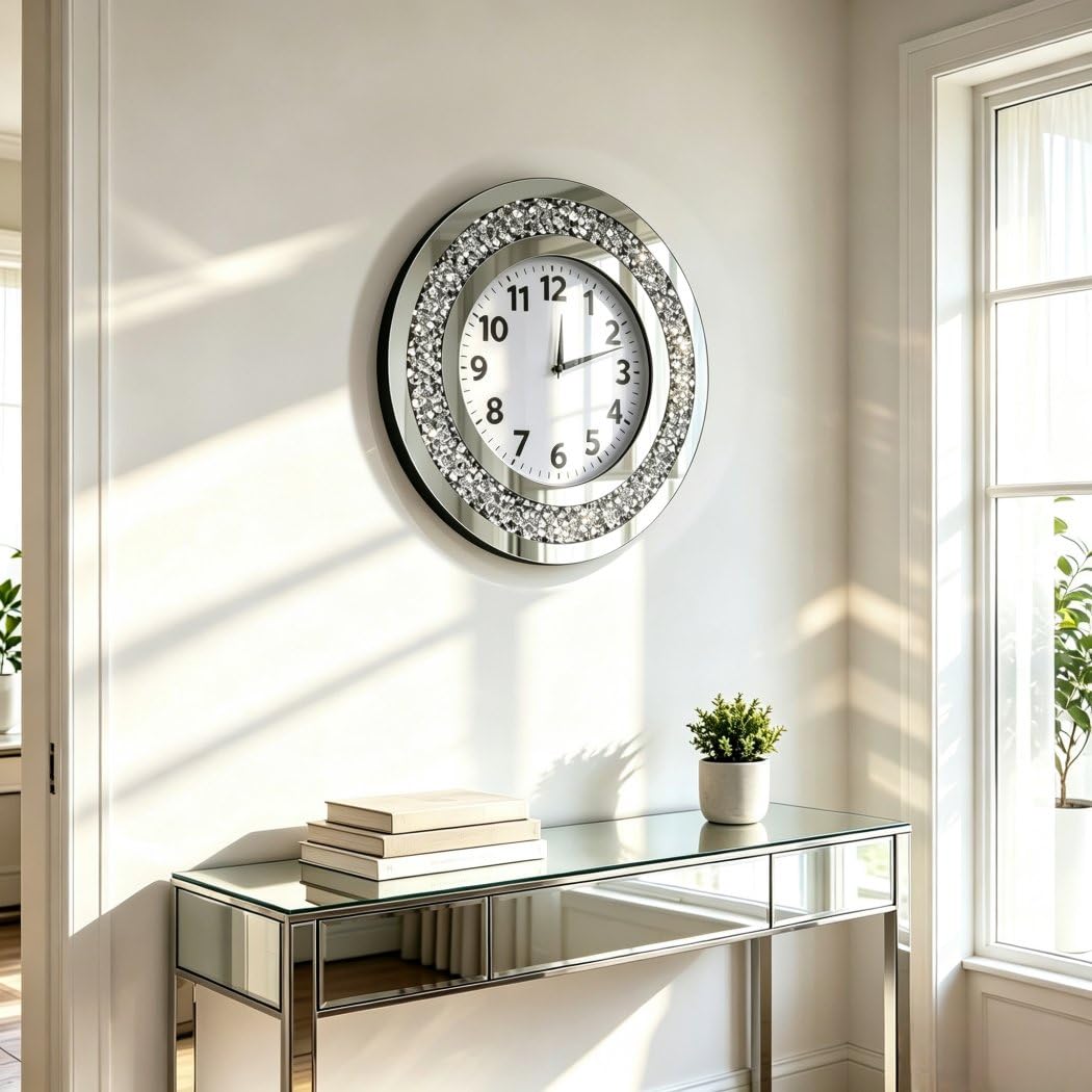 DMDFIRST Crystal Crushed Diamond Mirrored Round Wall Clock 16x16x2 inches for Wall Decoration Silver Glass Mirror Clock Sparkle Twinkle Bling Home Decor. AA Battery is not Included.