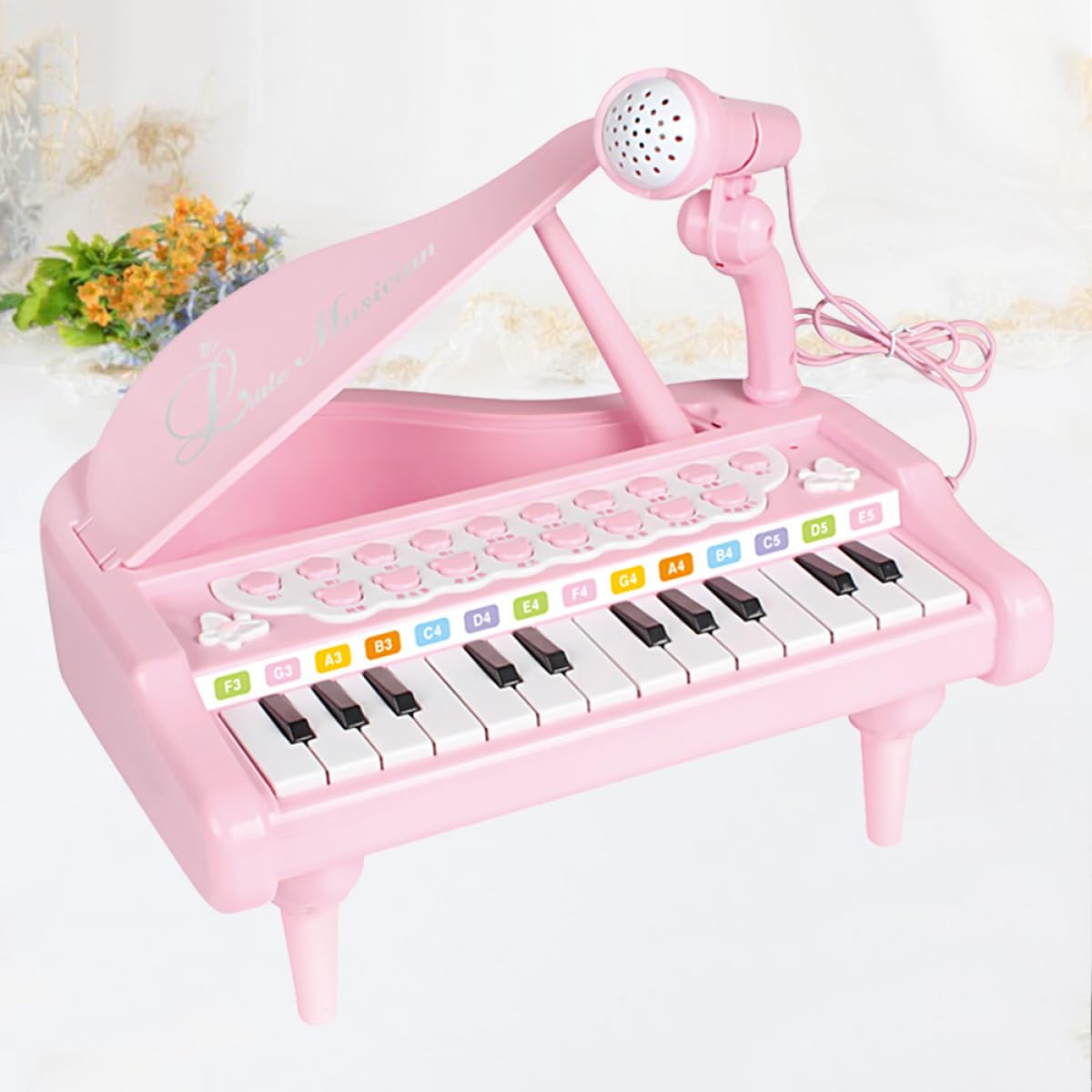 WOONEKY Pianoforte Elettronico Rosa Multifunzionale con Microfono Giocattolo Musicale Educativo per Tastiera con Regolazione Volume senza Batterie Stimola Interesse Musicale Precoce