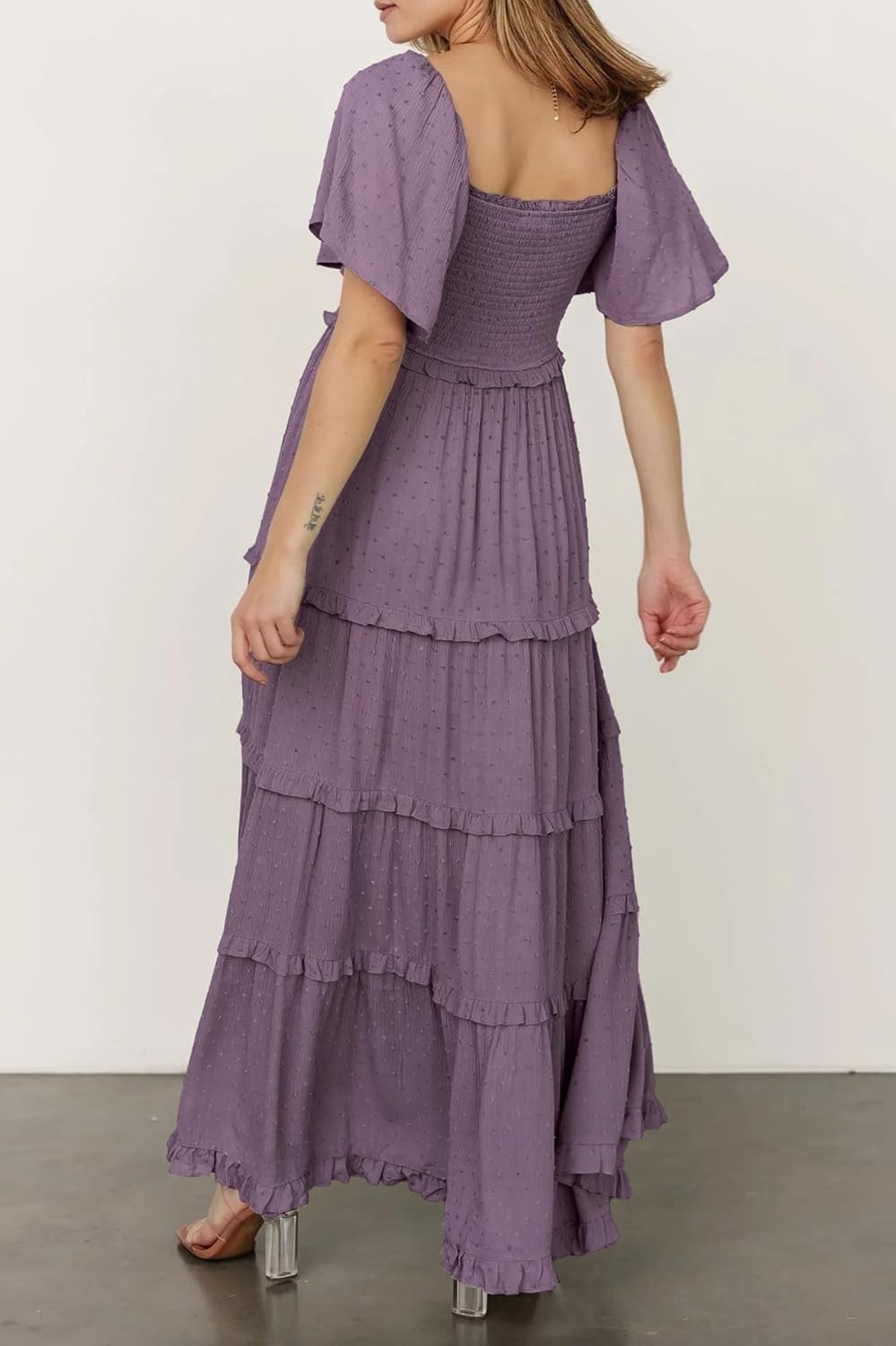 R.Vivimos Womens Summer 2026 Maxi Dress Short Sleeve Square Neck Elastic Smocked Swiss Dots Casual A-Line Flowy Long Dresses - Image 3