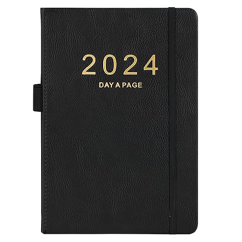 Naletie 2024 Diary A5 Page A Day, A5 Academic Diary from Jan 2024 to Dec 2024, Productivity A5 Daily Planner with Monthly Tabs, Pen Loop and Ribbon Bookmark, 21.3 * 14.8cm, 400Pages (Black)