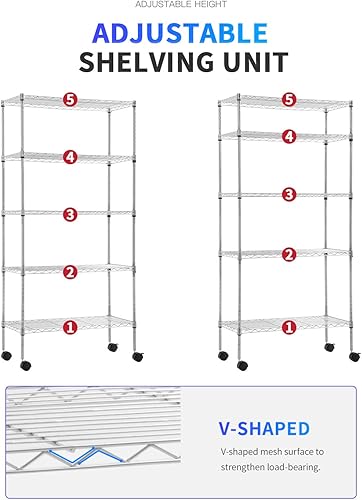 Miniatura 7 de BestOffice Estantes de almacenamiento de 14 x 30 x 60 pulgadas, estantería de alambre de 5 niveles con ruedas, estante de alambre de metal, estantes