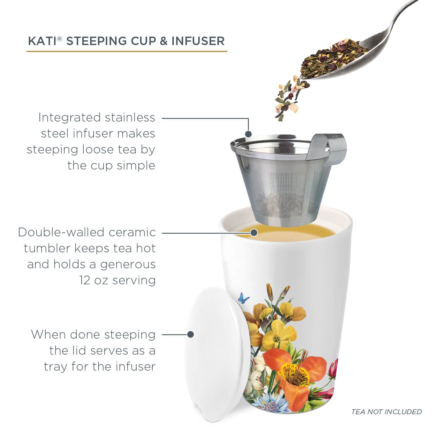 Tea Forte Jubilee KATI Steeping Cup, Ceramic Tea Infuser Cup with Lid & Stainless Steel Loose Leaf Tea Infuser - Image 3