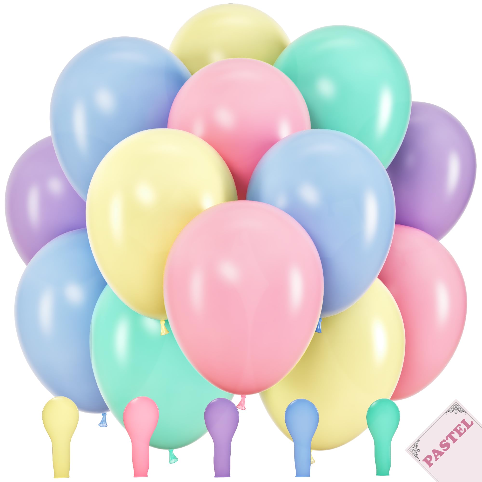 100 Pastel Balloons for Parties – 10 Inch Latex for Easter Party Decorations or Rainbow Supplies - Blue, Purple, Yellow, Green and Pink Balloons for
