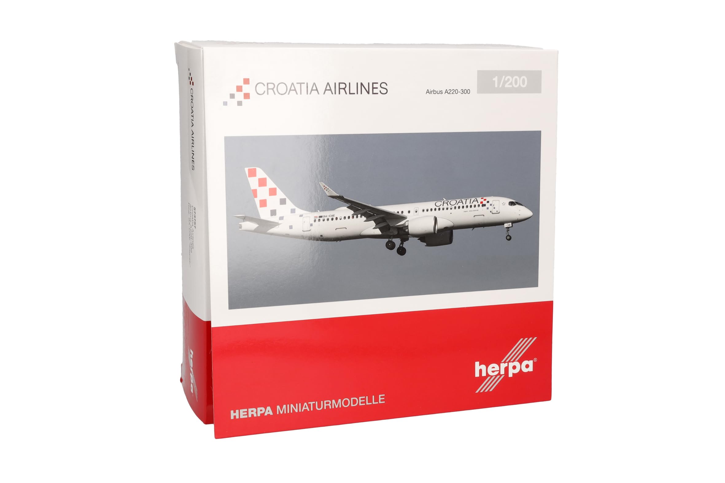 Herpa Modellflugzeug Croatia Airlines Airbus A220-300, Miniatur im Maßstab 1:200, Sammlerstück, Flugzeug Modell ohne Standfuß, Metall