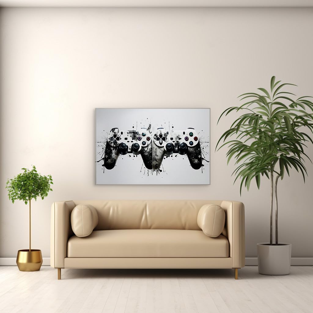 Canvas for Living room. Splattered Elegance: Dual-Toned PlayStation Controllers Unveiled, 27 x 18 inch Canvas Wall Art - Ready to Hang