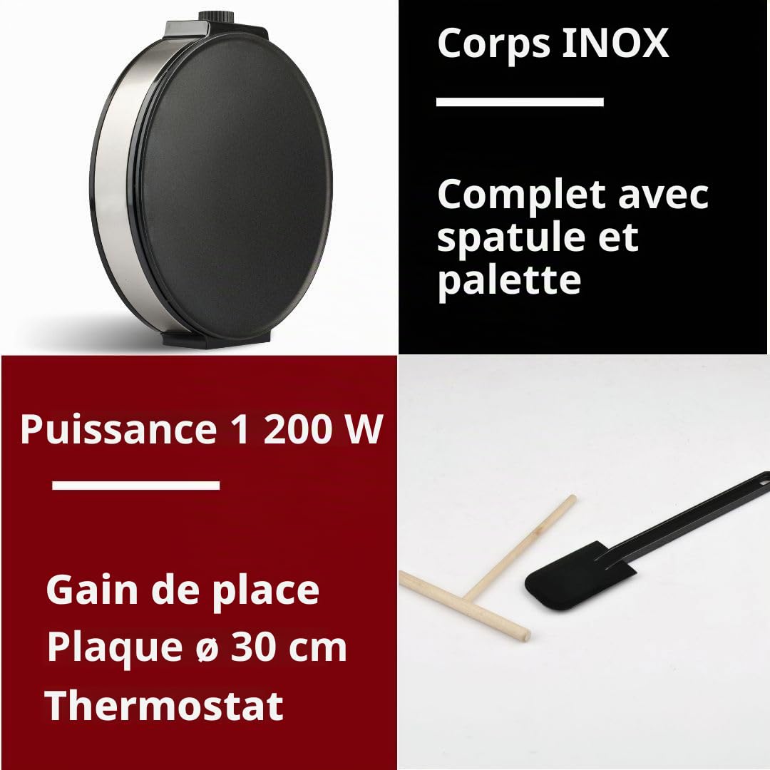 G3 Ferrari G10098 Profi-Crepe Crêpière Électrique 1200 W – Plaque de 30 cm en Inox, Revêtement Antiadhésif, Température Réglable, Spatule et Palette en Bois Incluses
