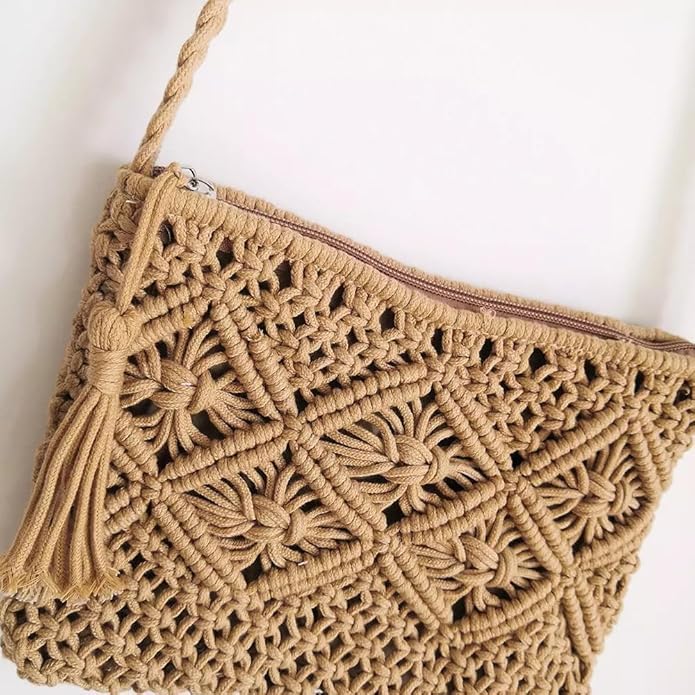 Image of Handmade Boho Macrame Crossbody Sling Bag for Women, Natural Cotton Handwoven Mini Purse, Beige Macrame Sling Bag for Women SIZE 25x20 cm drop Handle 55 CM