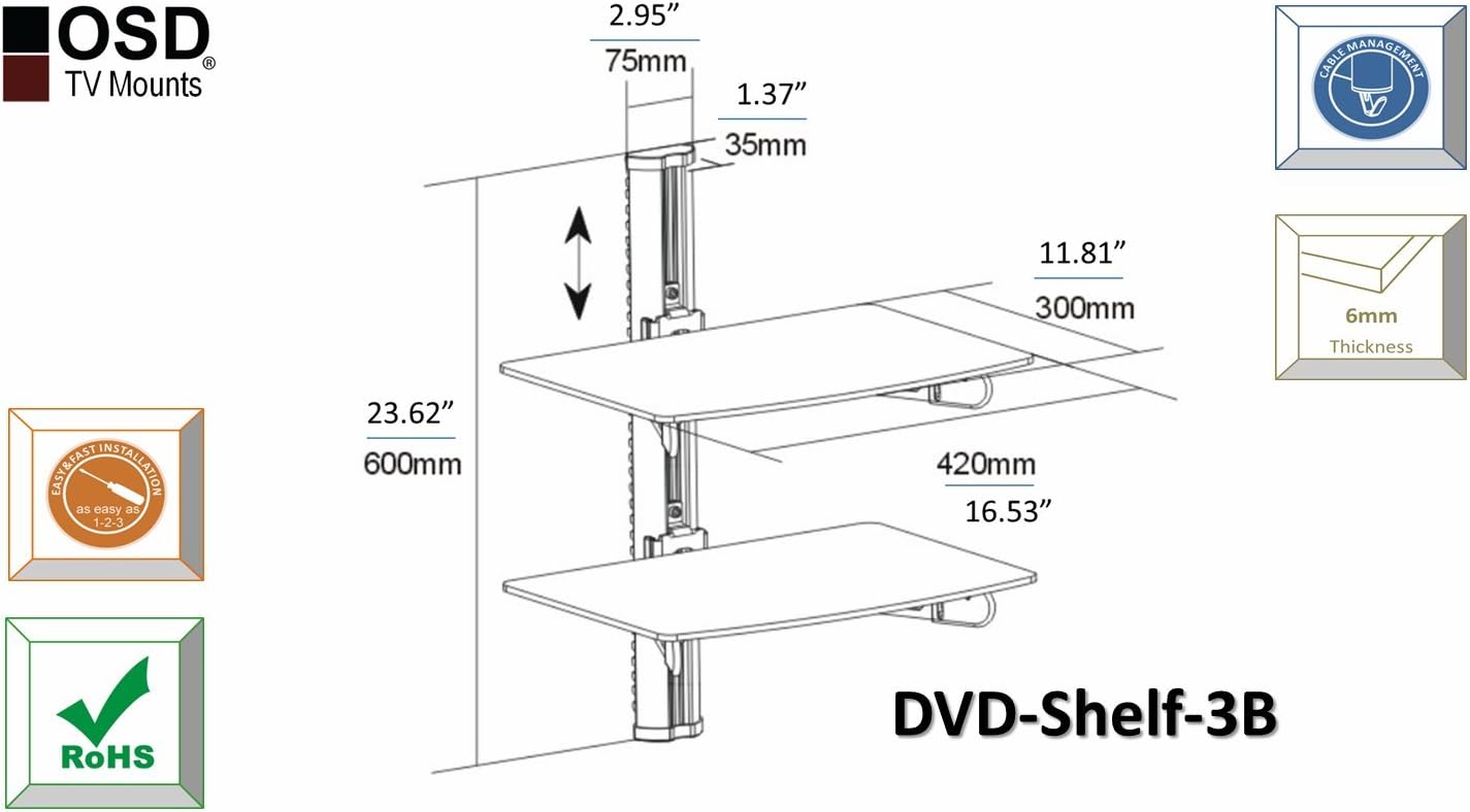 OSD Audio DVD-Shelf-3B Dual Shelf Wall Mount for DVD and Other A/V Components