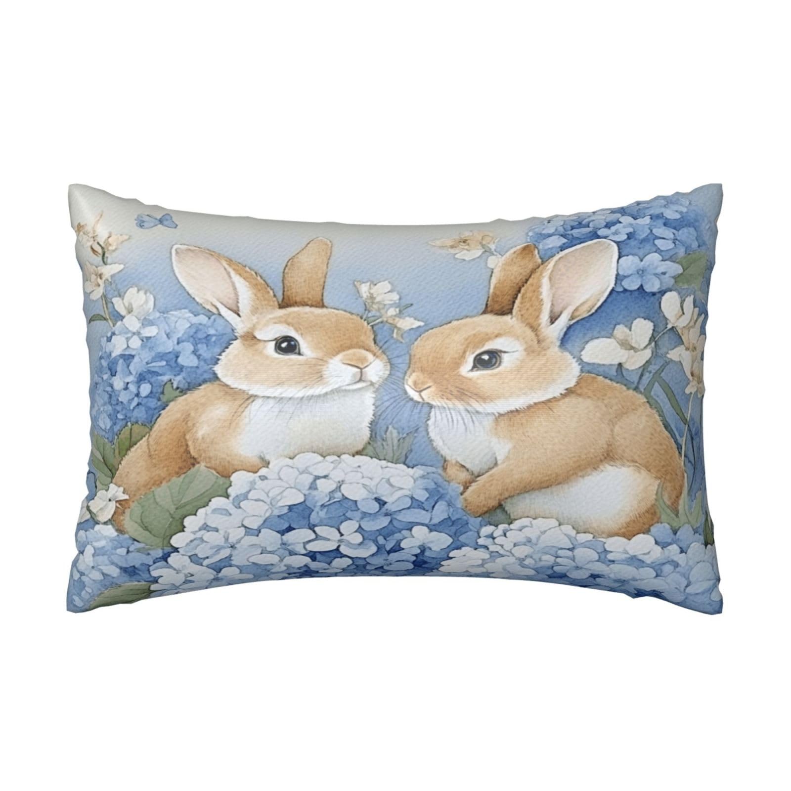 Easter Bunny Rabbits Satin Pillowcase Hydrangea Blue Silk Pillow Cases for Hair and Skin Slipping Body Pillow Cover with Zipper Queen Size 20x30 Pillowcase Decorative for Kids Bedroom